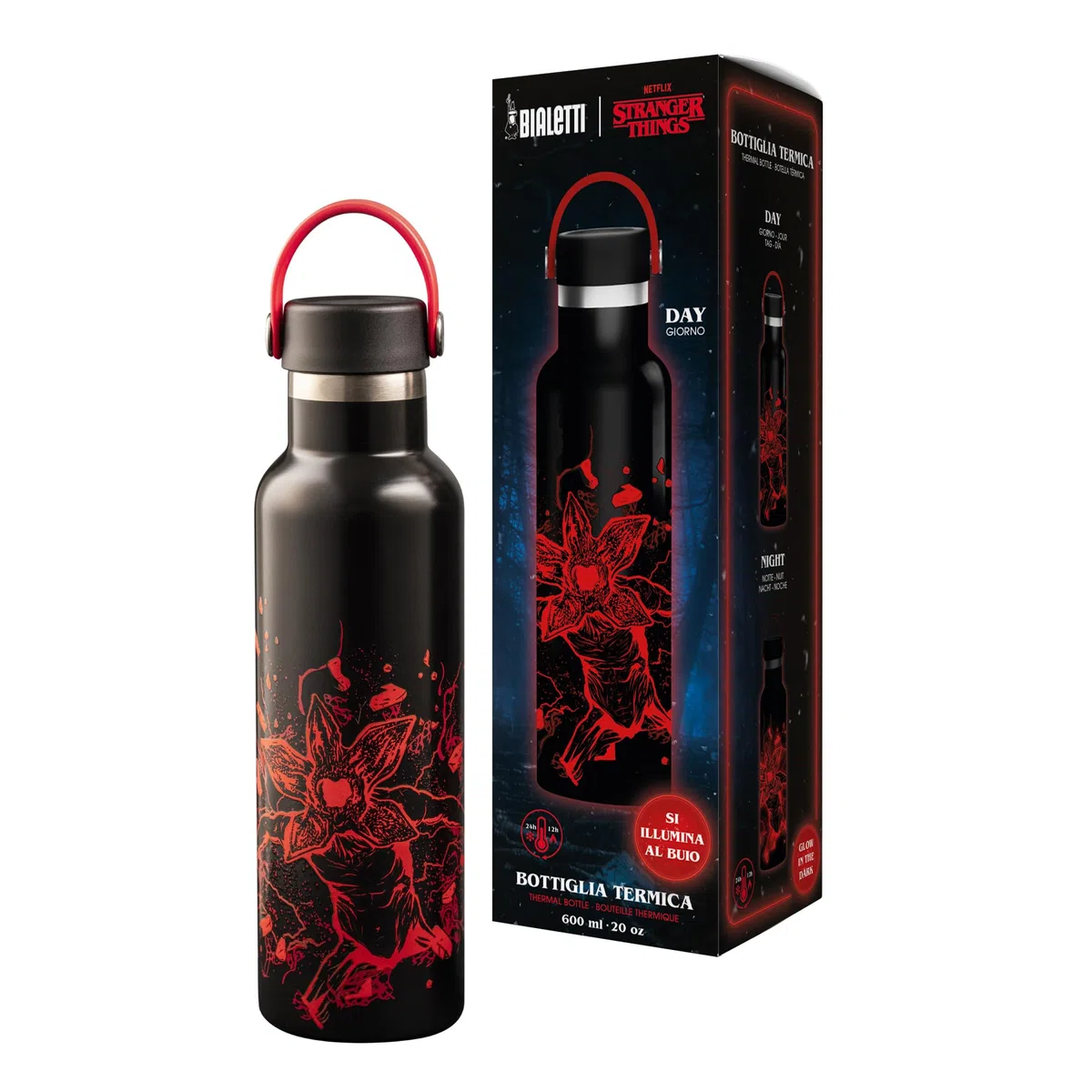 Bialetti Bottiglia Termica Stranger Things, Si illumina al buio, perfetta tenuta della temperetura, no Lavastoviglie, capienza 600 ml