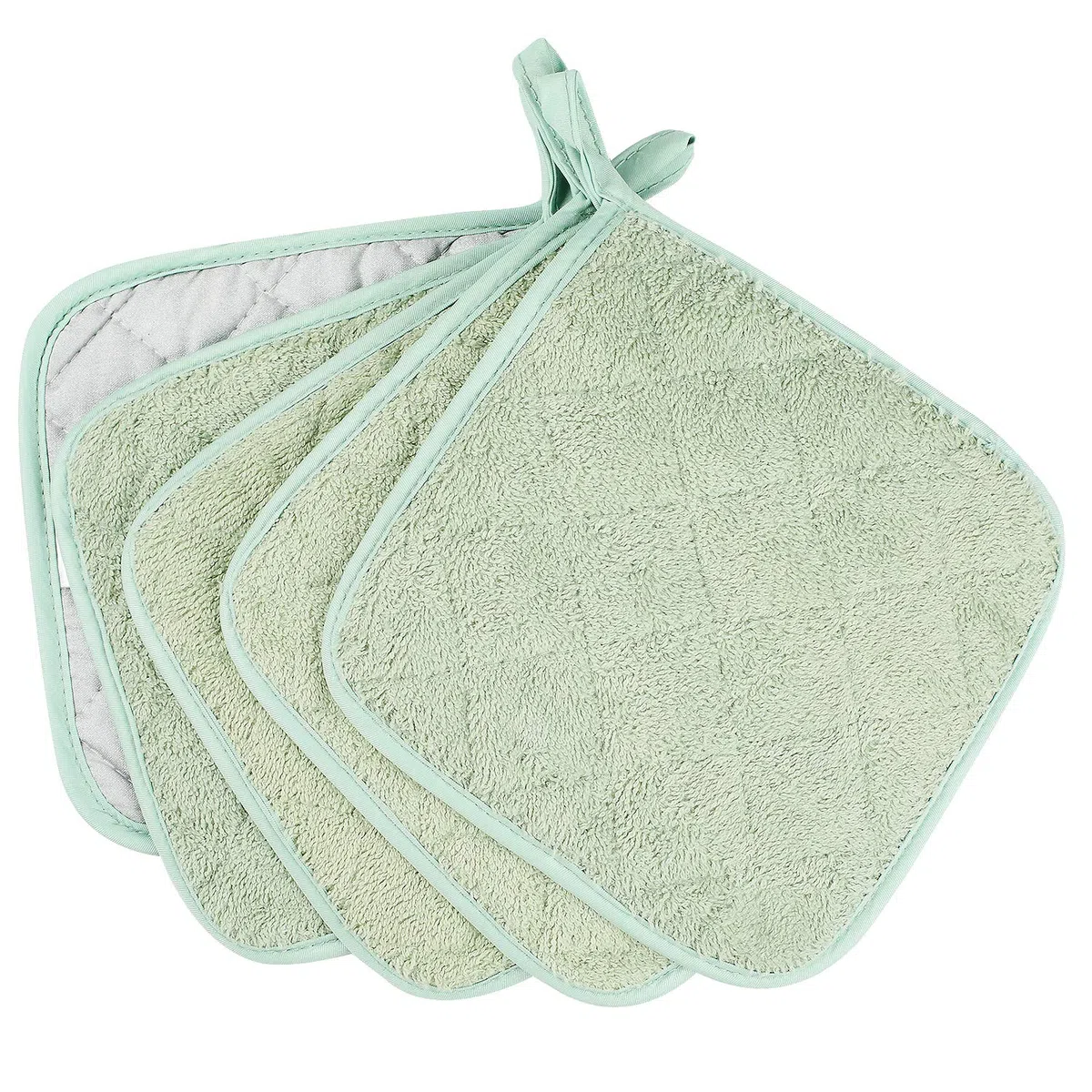 Set di 5 presine da cucina completamente in cotone e in tessuto di spugna termoresistente, ideali per uso quotidiano in cucina e con fornelli e forno Menta Verde