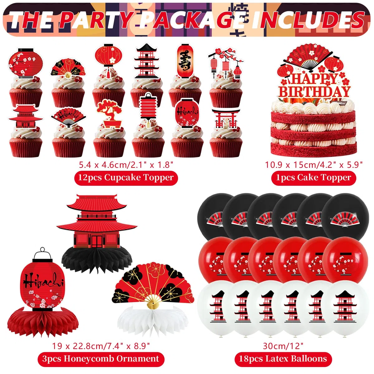 Decorazioni per feste Hibachi, forniture per feste di compleanno giapponesi Hibachi includono striscione di buon compleanno, decorazioni per torte, centrotavola a nido d'ape, tovaglia e palloncini per