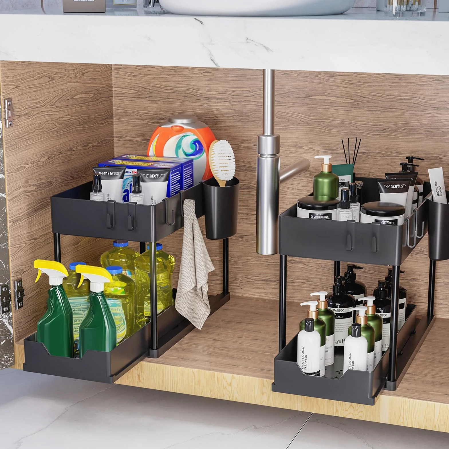 Puricon Organizer Sottolavello Cucina a 2 Livelli, Organizer Sottolavello Portaoggetti Ripiano Multiuso sotto Lavello per Cucina Bagno (Nero, 1)