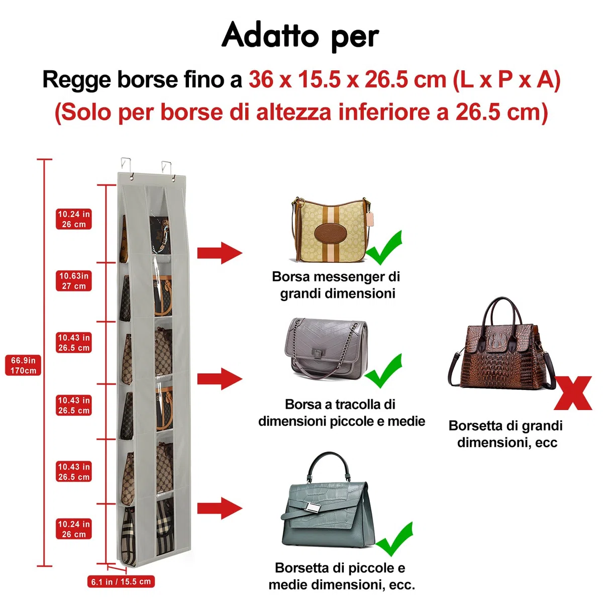 Lirex Organizer per Borse da Porta, Confezione da 2 con 6 Ripiani, Salvaspazio per Porta o Armadio, Per Stoccaggio e Organizzazione Borse, Appendiaborsa, Grigio
