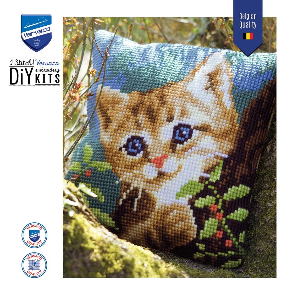 VERVACO Kit Cuscino Punto Croce Gatto su Un Albero Set Ricamo Principianti Cuscini Gobelin Decorativi ca. 40 x 40 cm Accessori per Lavoretti Creativi DIY Casa Decor Hobby Adulti Cross Stitch