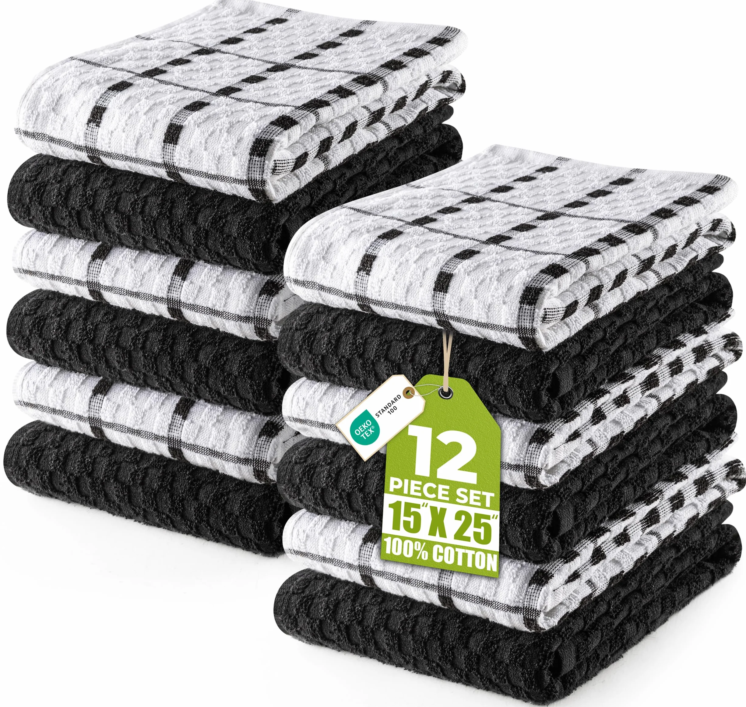 Utopia Towels - Asciugamani da cucina, 38 x 64 cm, 100% cotone super morbido e assorbente, asciugamani da cucina, strofinacci e canovacci, (confezione da 12) (bianco e nero)