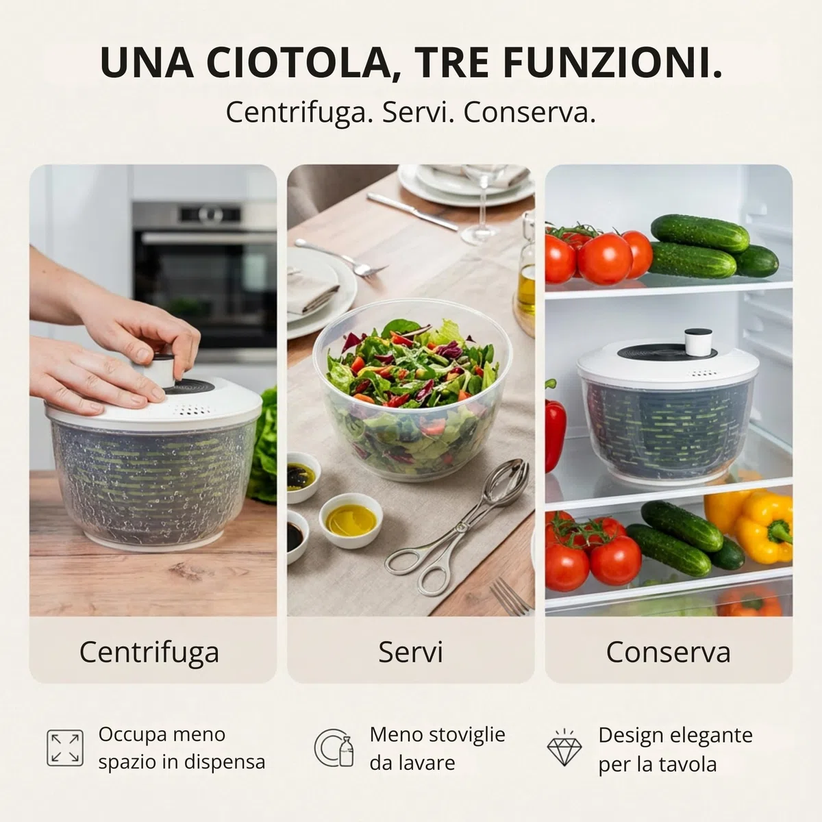 Centrifuga insalata Premium 5 L – 60 giorni di prova senza rischi – 2 in 1 antiscivolo: centrifuga & insalatiera – Ø 24,5 cm – senza BPA – lavastoviglie – per asciugare l’insalata – eBook incluso