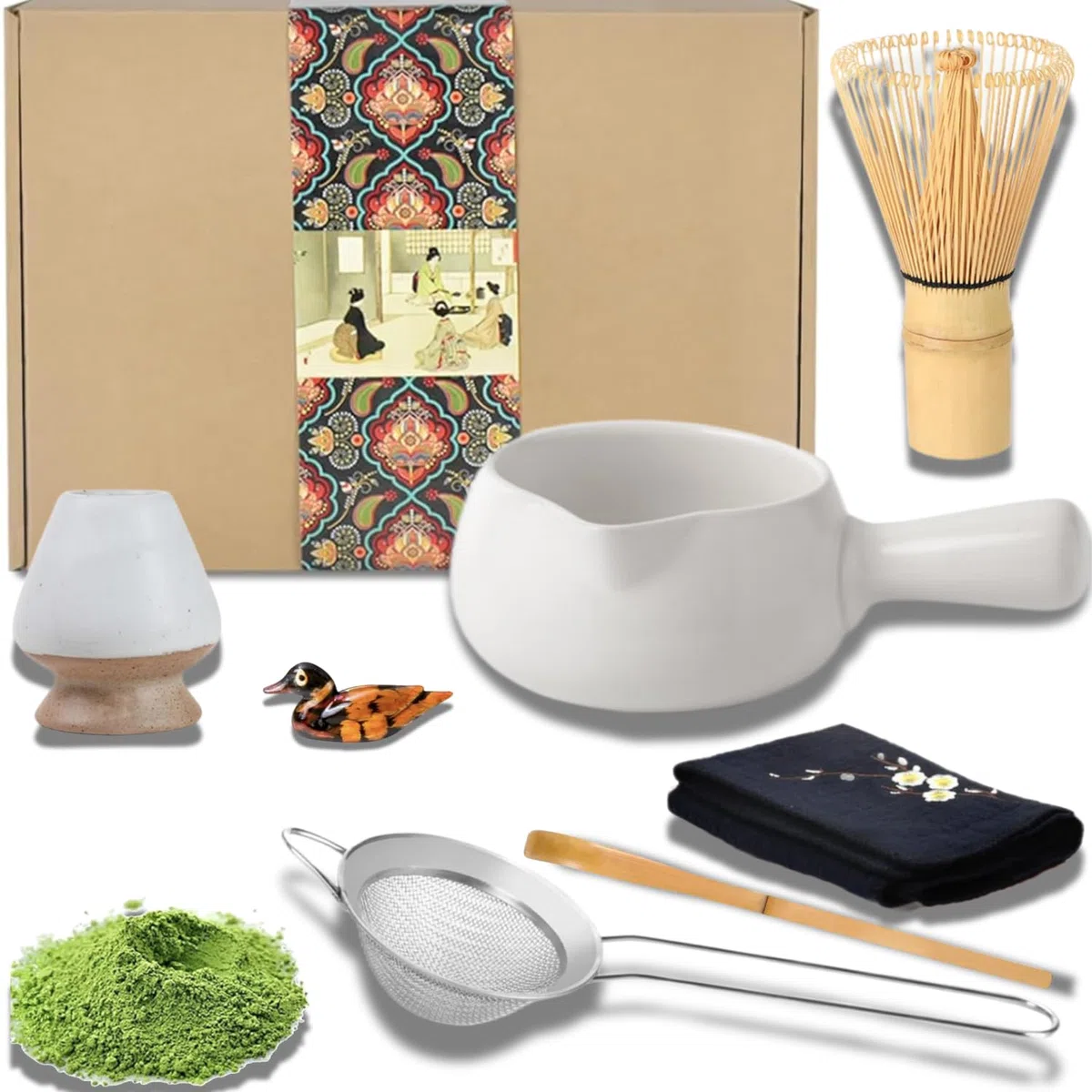 Kit per cerimonia matcha per cerimonia del tè giapponese, ciotola con beccuccio e manico, frusta, paletta da tè, colino in polvere Matcha, set da tè per preparare il latte Usucha, Koicha e