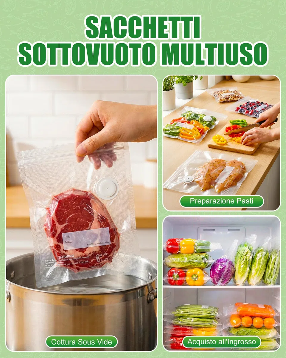 Babacom 30 Pezzi Sacchetti Sottovuoto Alimenti Riutilizzabili con Valvola d'Aria e 10 Clip di Chiusura (L:30x34cm), Senza BPA, Buste Sottovuoto Alimenti per Congelatore/Cottura Sous Vide/Conservazione