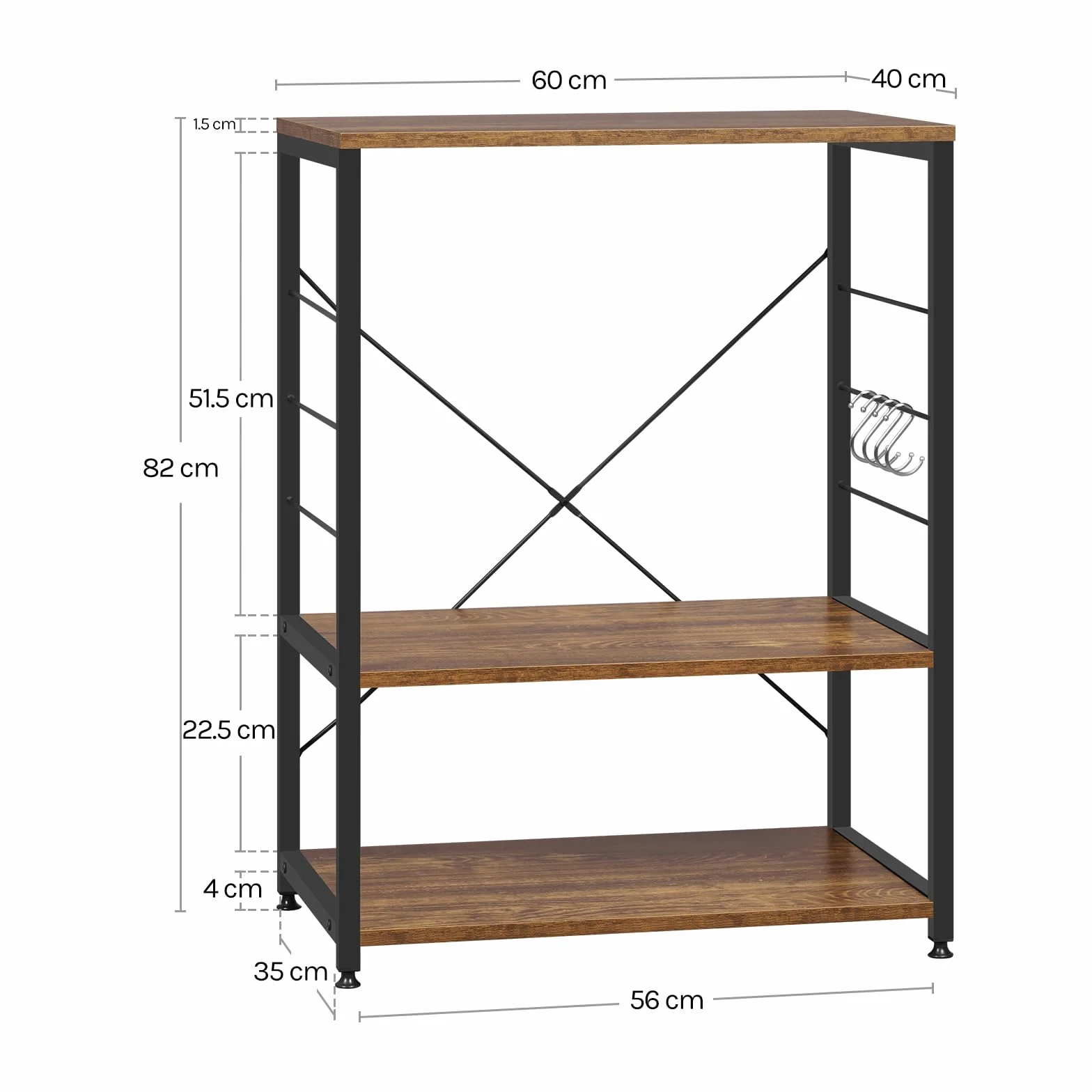 WOLTU Scaffale per Cucina Carrello per Microonde Forno a 3 Ripiani in Metallo e Legno Scaffalature Fioriera Multiuso, Effetto Legno Vintage