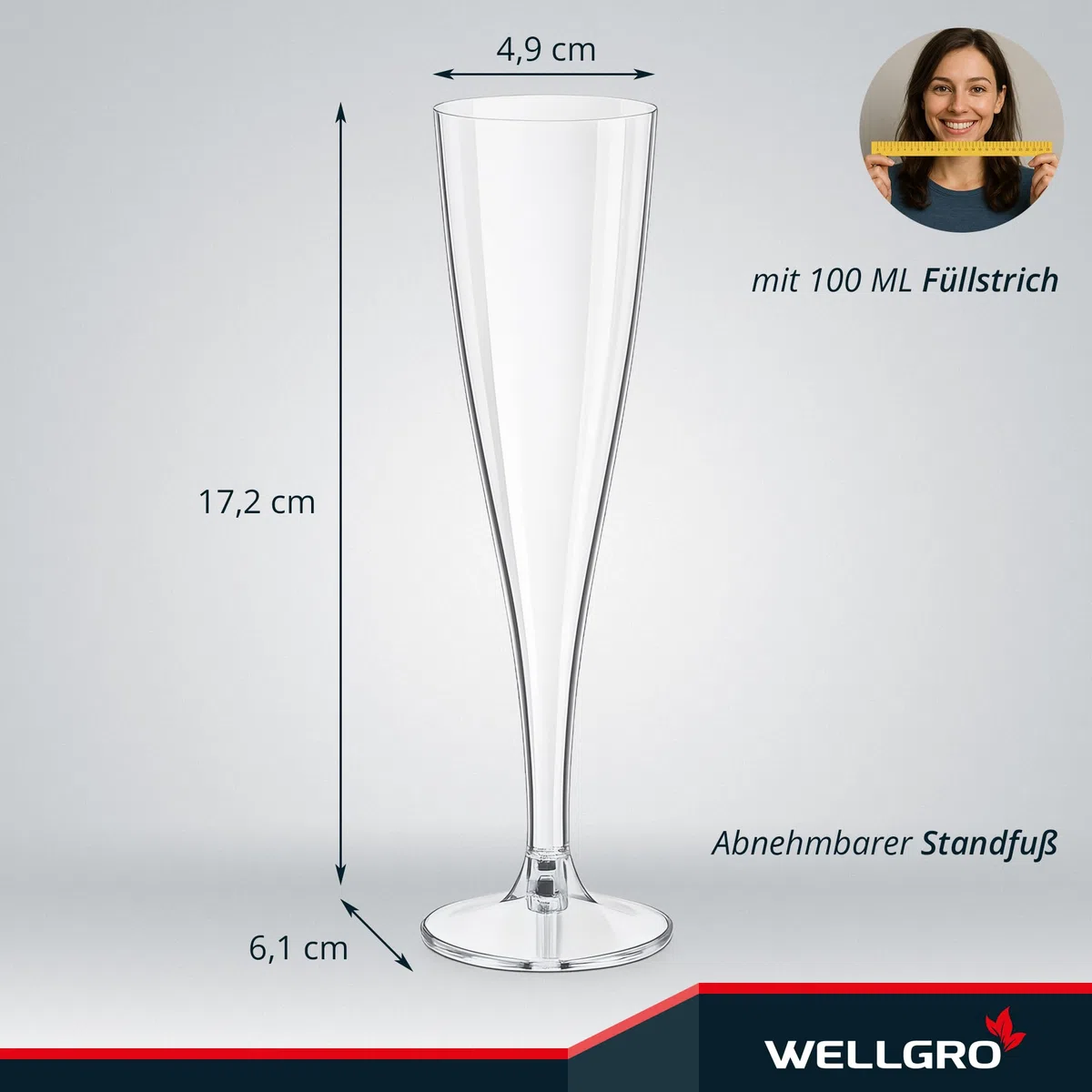 WELLGRO Set di bicchieri da spumante in plastica, 100 ml, con tacchetta, senza BPA, riutilizzabili, per champagne, prosecco, quantità: 30 pezzi
