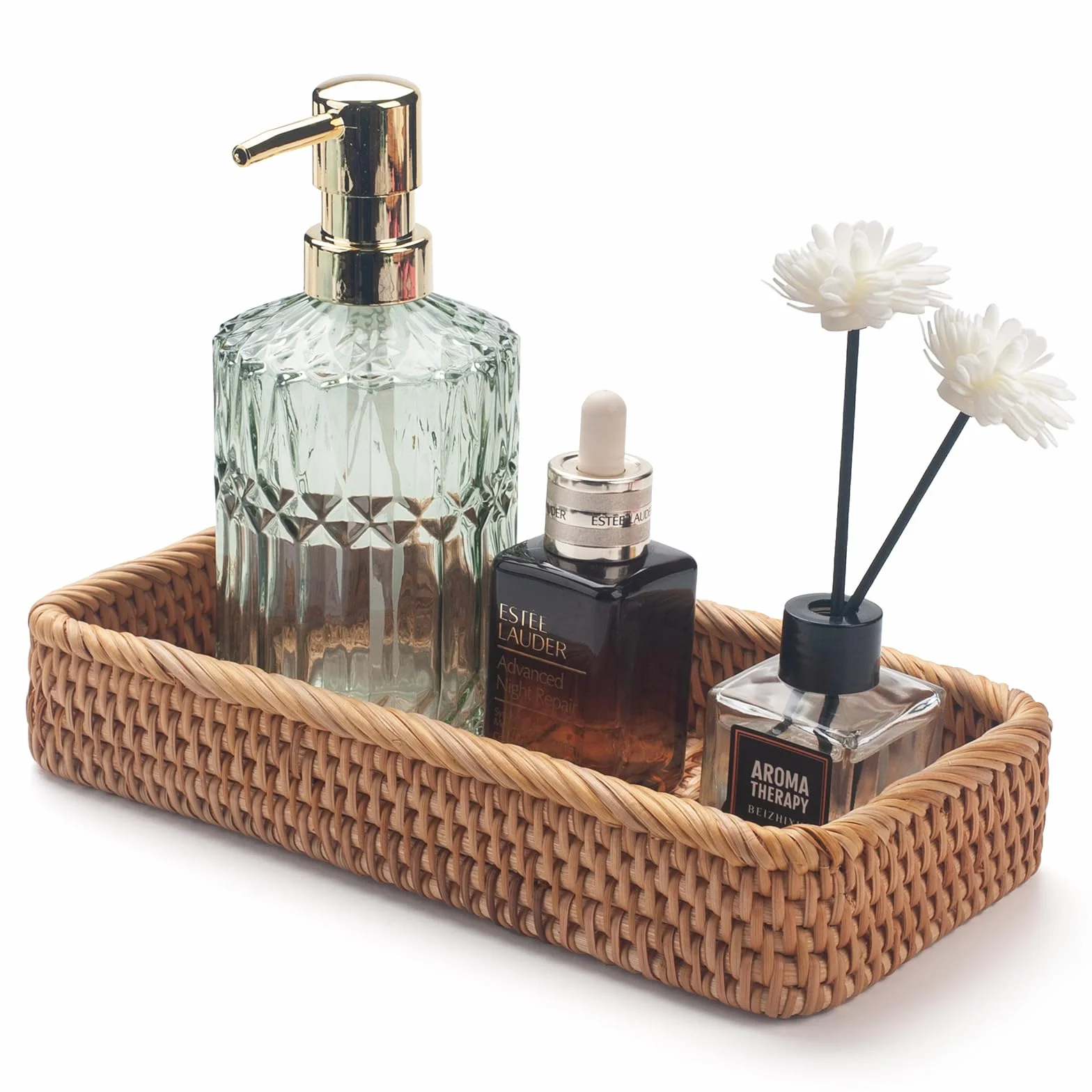 Vassoio Rattan da Bagno, Cestino da Bagno per Asciugamani, Vassoio Decorativo per Organizzazione (Naturale, 26 x 12.5 x 4 cm)