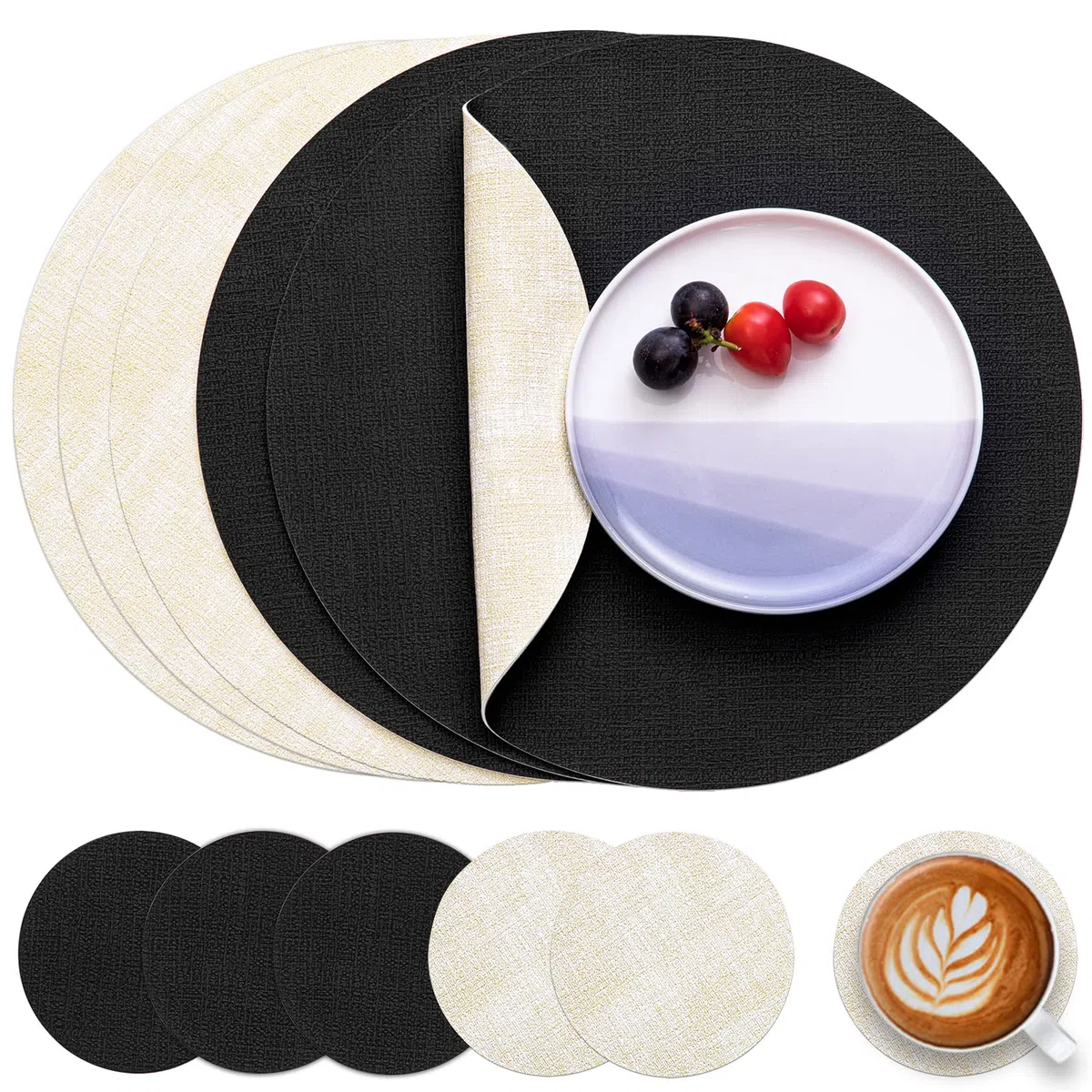 Myir JUN Tovagliette Americane e Sottobicchieri Set di 6, Tovagliette Rotonde 36 cm Tovagliette Colazione Plastica in Pelle Tovaglietta Americana Impermeabile Lavabili (Crema Nero, Set di 6)