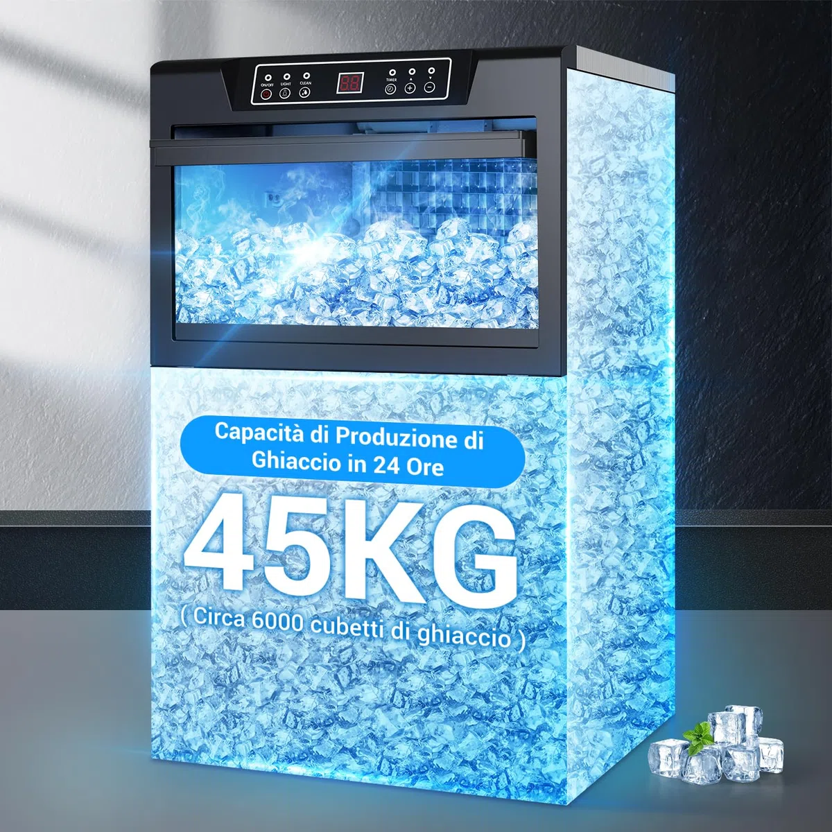 LEEVOT Macchina per Cubetti Ghiaccio Professionale - Macchina del Ghiaccio Casa 45KG/24h, 320W, per Casa, Bar e Uso Commerciale