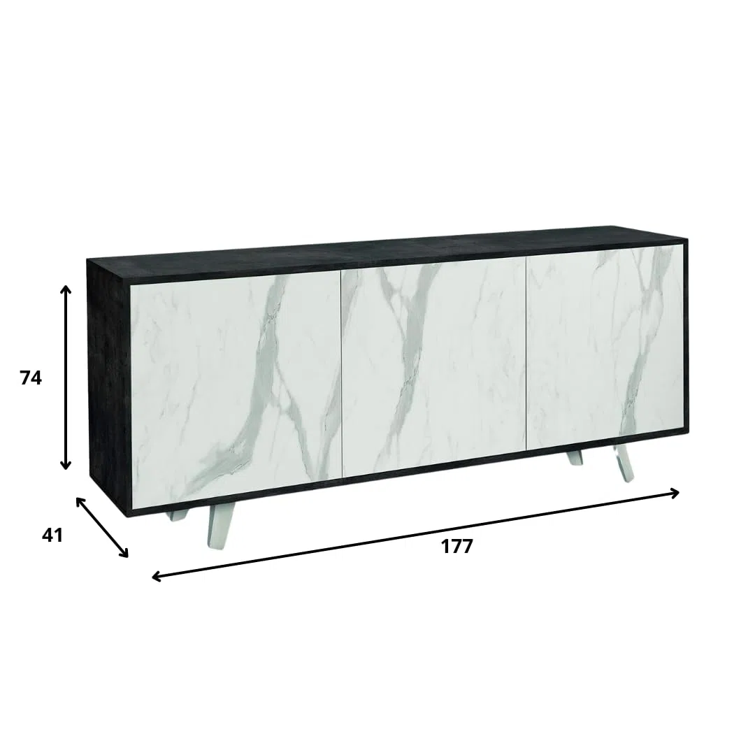 Sarmog Mobile 3 ante, Madia soggiorno moderna, Mobile tv, Madia soggiorno, 3 ante apertura push pull, Made in Italy, Kit 74x177x41 (Ossido nero/Marmo calacatta)
