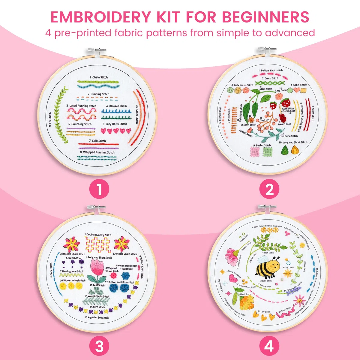 MAKEASY Set da Ricamo, Kit di Base per Ricamo, Include 33 Punti, Telaio per Ricamo in Bambù e Tutorial Video, Strumenti per Punto Croce per Adulti Principianti