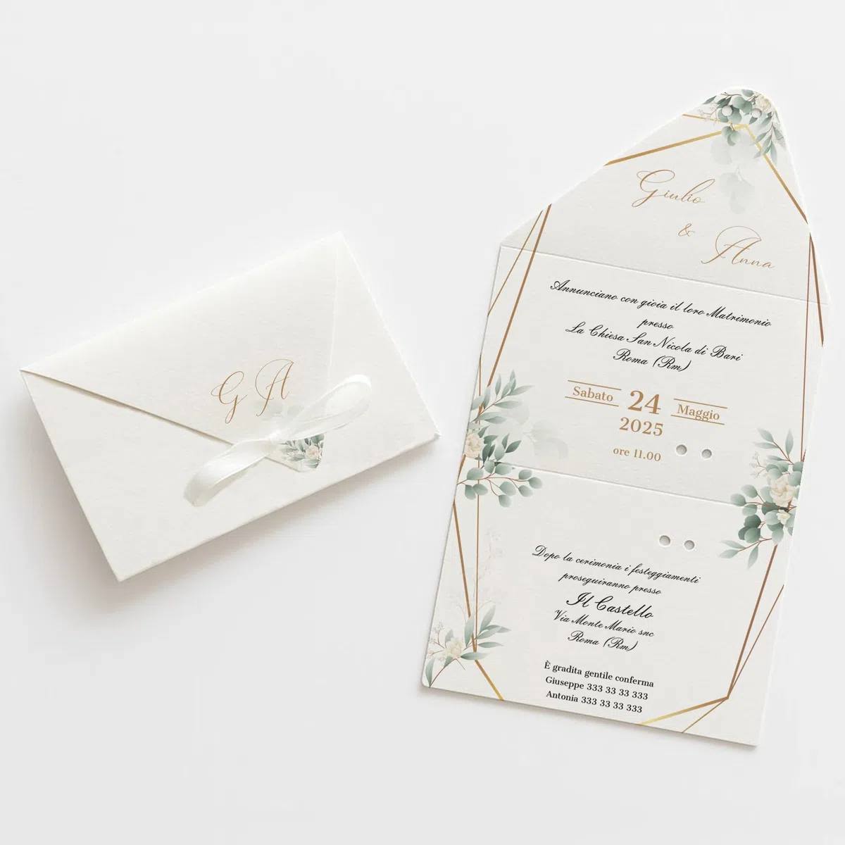 PV Grafik® 15 Partecipazioni Matrimonio Personalizzate, Inviti Matrimonio a Busta, Invito Partecipazione Nozze, Sposi, 15x28 cm Nastrino inclusa, Personalizza invito e scegli la quantità. (M40)
