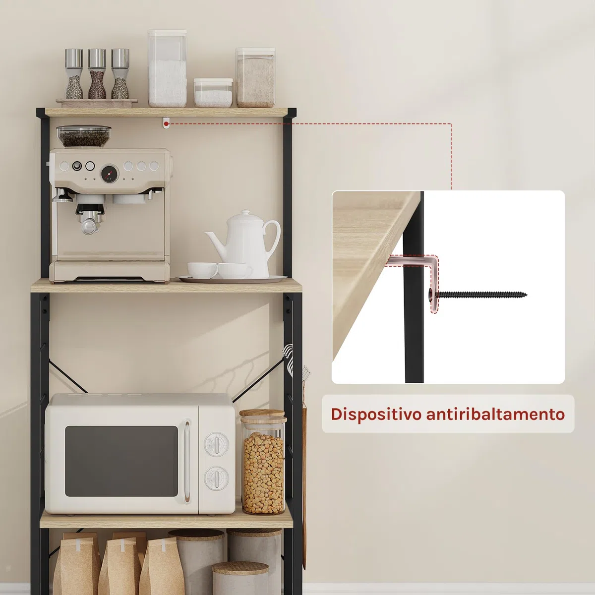 WOLTU Scaffale per Cucina in Acciaio Legno 4 Ripiani Carrello per Microonde Scaffalature Organizzatore 60x40x123 cm