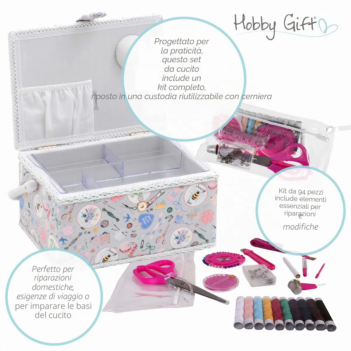 Hobby Gift Scatola Media per Cucito Kit con Manico - Cestino Porta Cucito in Cotone con Scomparti per Strumenti e Accessori Creativi - 18,5 x 25,5 x 14,5 cm, Fatto in Casa