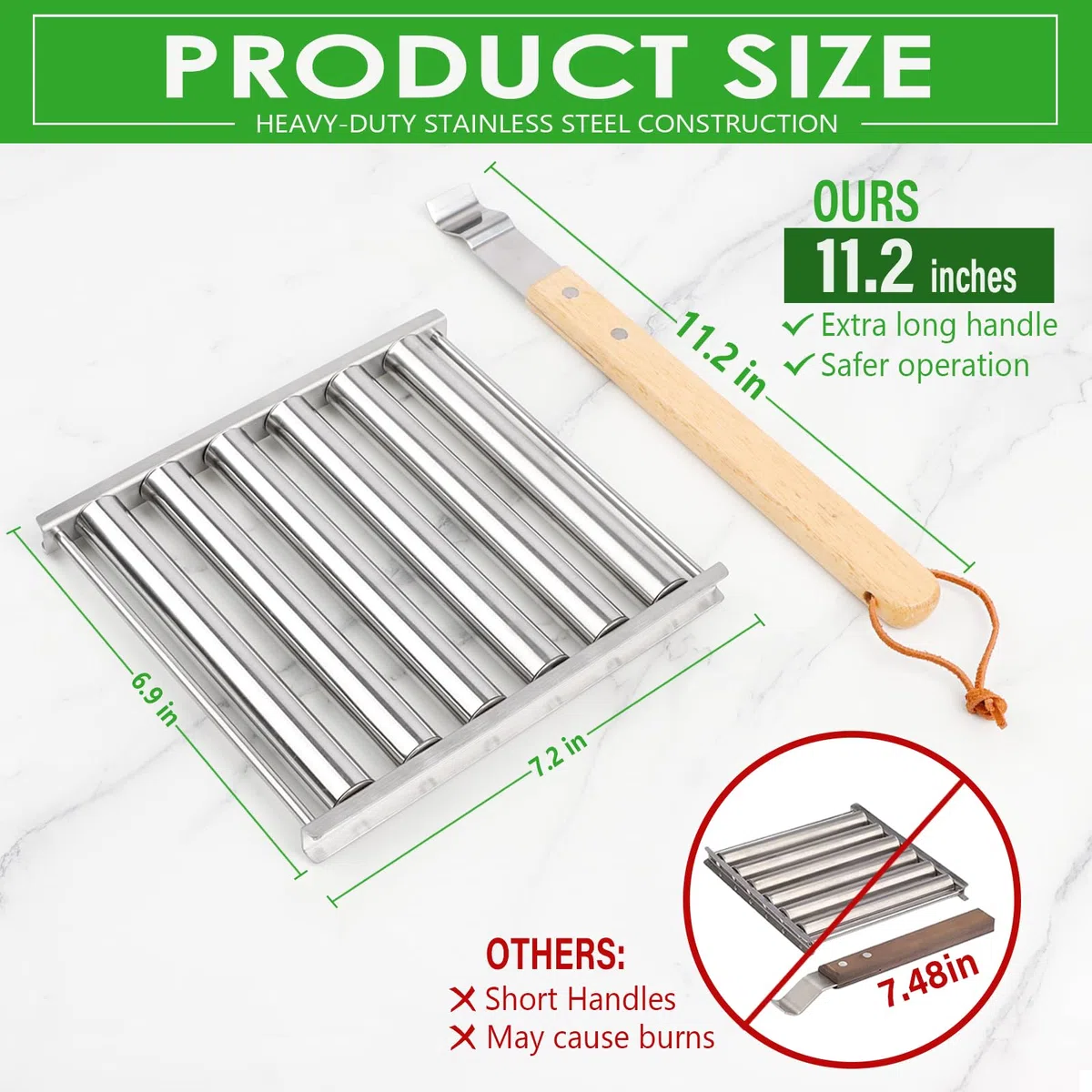 KAYCROWN Rullo per Hot Dog in Acciaio Inox Con Manico in Legno Extra Lungo, Barbecue per Cottura Uniforme, Capacità 5 Hot Dog