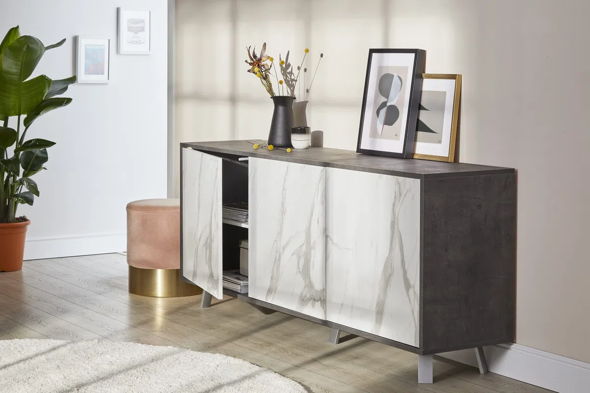 Sarmog Mobile 3 ante, Madia soggiorno moderna, Mobile tv, Madia soggiorno, 3 ante apertura push pull, Made in Italy, Kit 74x177x41 (Ossido nero/Marmo calacatta)