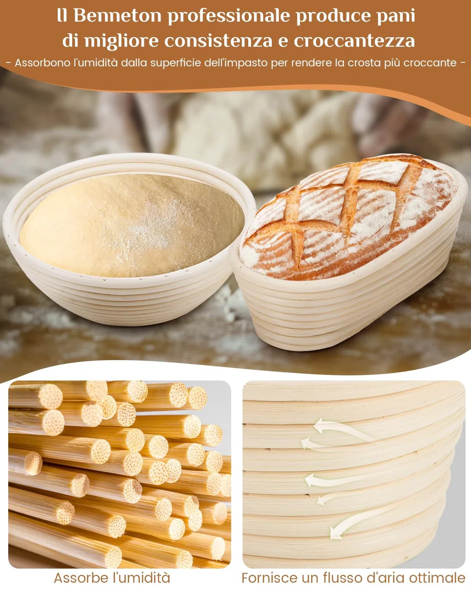 Cestino da Lievitazione per Pane, PITCH PULSE Cesto Lievitazione Pan in Rattan Naturale, Banneton per pane, Ciotola lievitazione con Tela di Lino, Raschietto Pasta e Lame Taglierina Pane