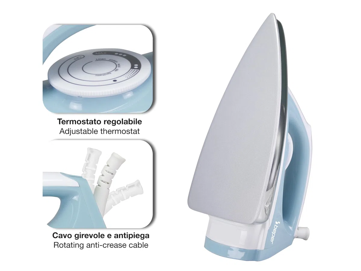 BEPER P204FER250 Ferro da stiro a secco, Ideale per tessuti delicati, Piastra antiaderente, Cavo girevole e antipiega, 1300W