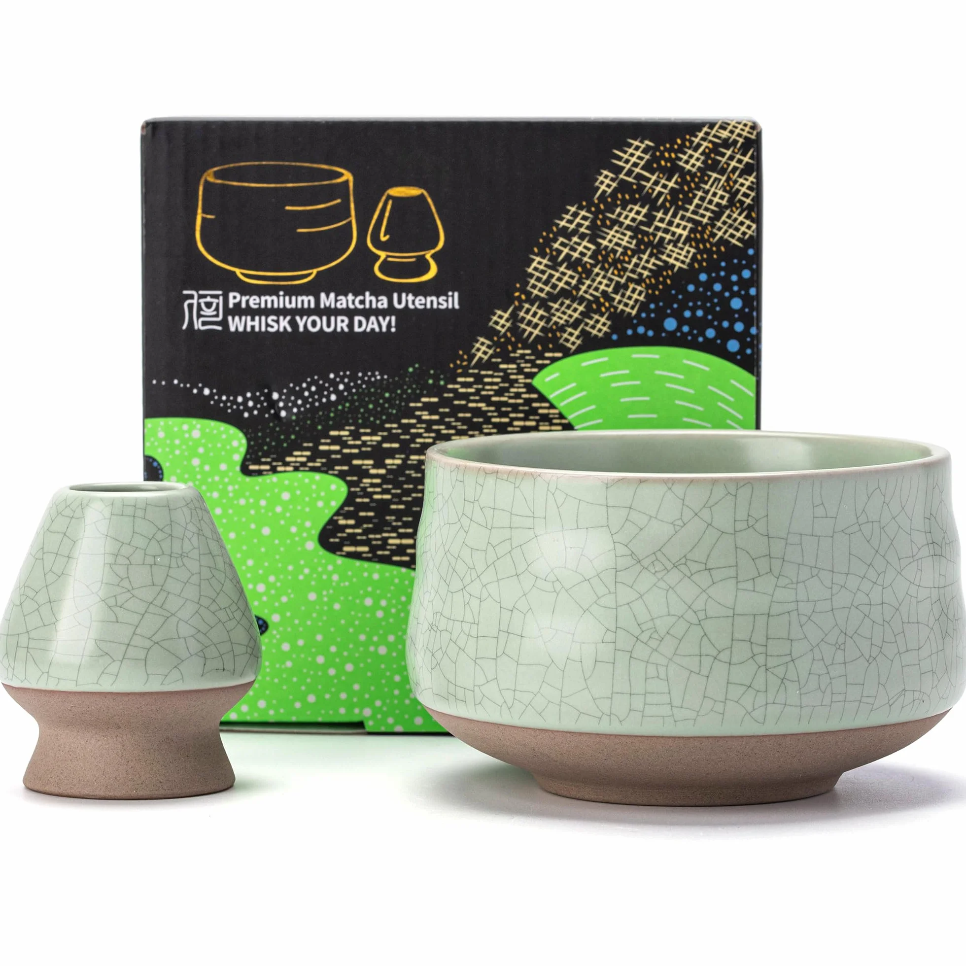 TEANAGOO EMB-6 Japan Matcha Bowl in Porcellana e Matcha Whisk (Chasen) Set di Supporti per imballaggio, 18OZ / 510 ML, Verde Chiaro Opaco con Cucitura Nera, 2 Pezzi/scatole.…