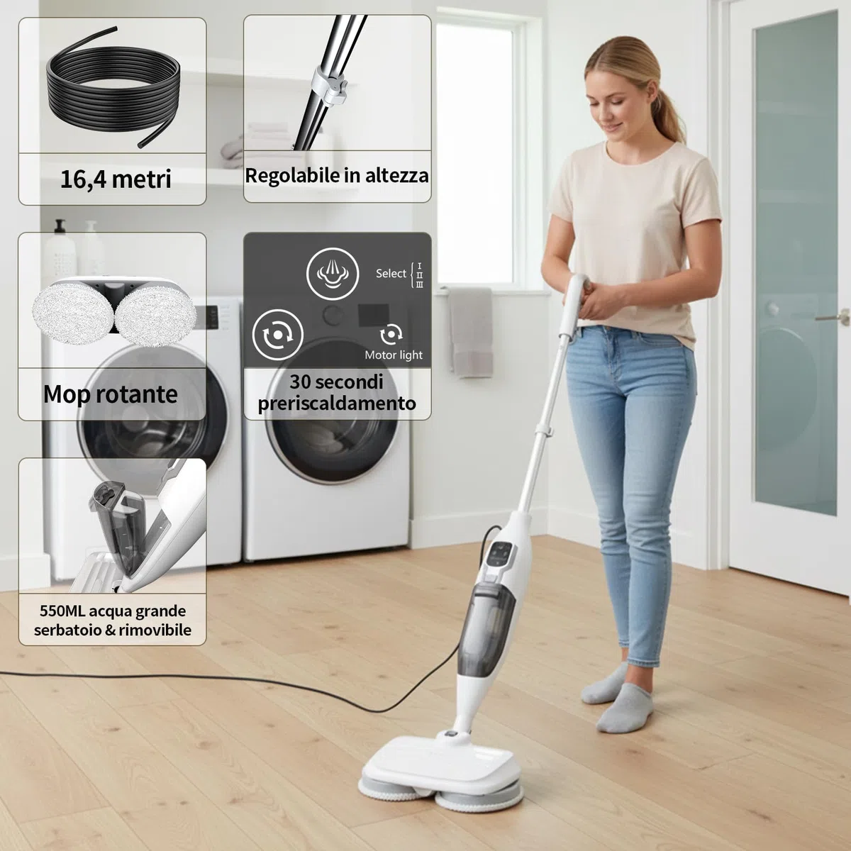 PUREBEAR Scopa a Vapore 2 in 1 con Pulitore a Vapore Portatile, 3 Livelli di Vapore Regolabili, 4 Panni di Ricambio, per Pavimenti, Piastrelle, Finestre, Vestiti e Fughe