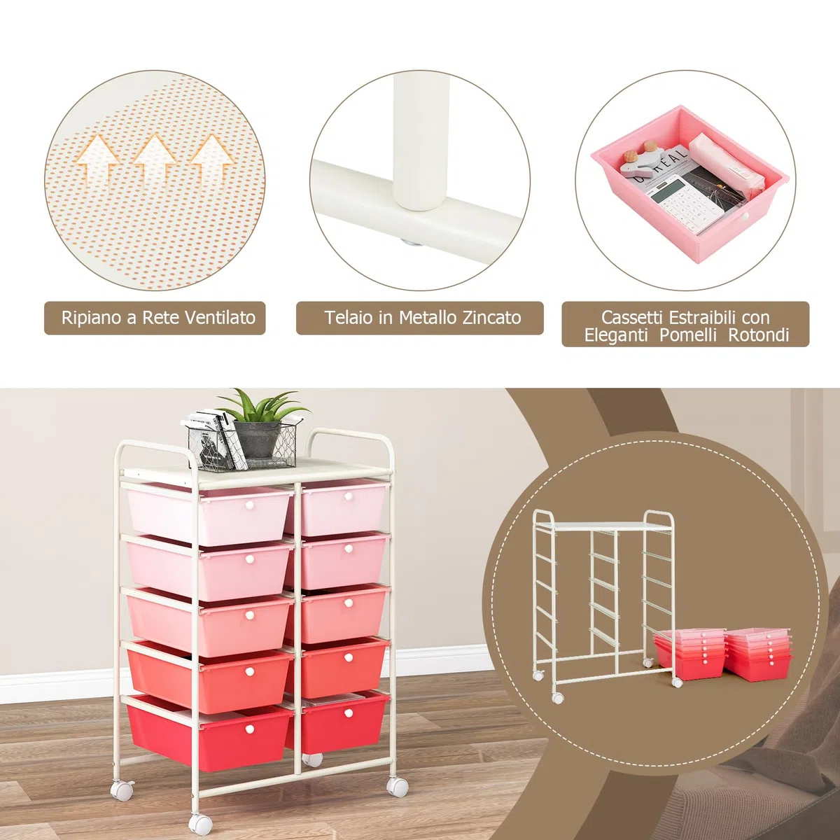 GYMAX Carrello Portaoggetti a 10 Cassetti con Ruote Bloccabili, Carrello di Stoccaggio, Leggero Multifunzione per Scuola, Ufficio, Casa, Studio, 65,5 x 37 x 87 cm (Rosa)