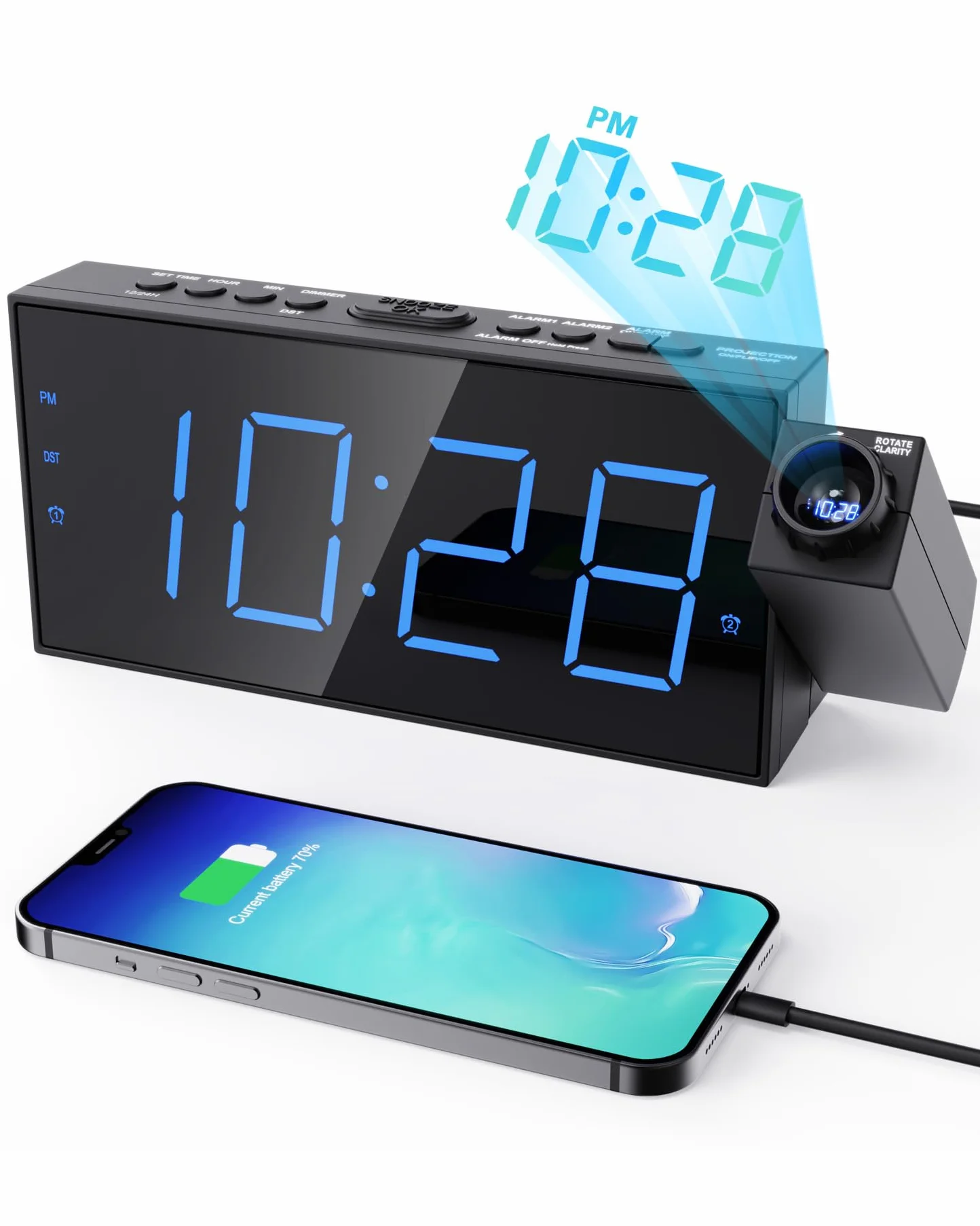 ROCAM Sveglia con Proiettore da Comodino, 7" Display LED &Dimmer, Porta USB, 12/24 Ore, Batteria Backup, Sveglia Digitale per Camera da Letto | Orologi a Proiezione