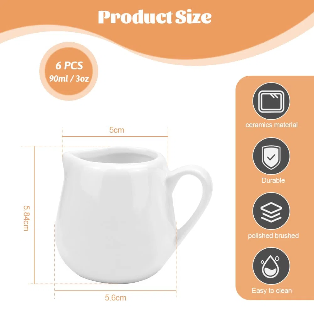 6 Pezzi Mini Brocca per Latte in Ceramica con Manico 90ml Brocca per Salsa da Cucina,Mini Lattiera Bricco Latte Porcellana,Tazza da Caffè e Salse,Piccola Brocca per Caffè,Panna,Latte, Bianco