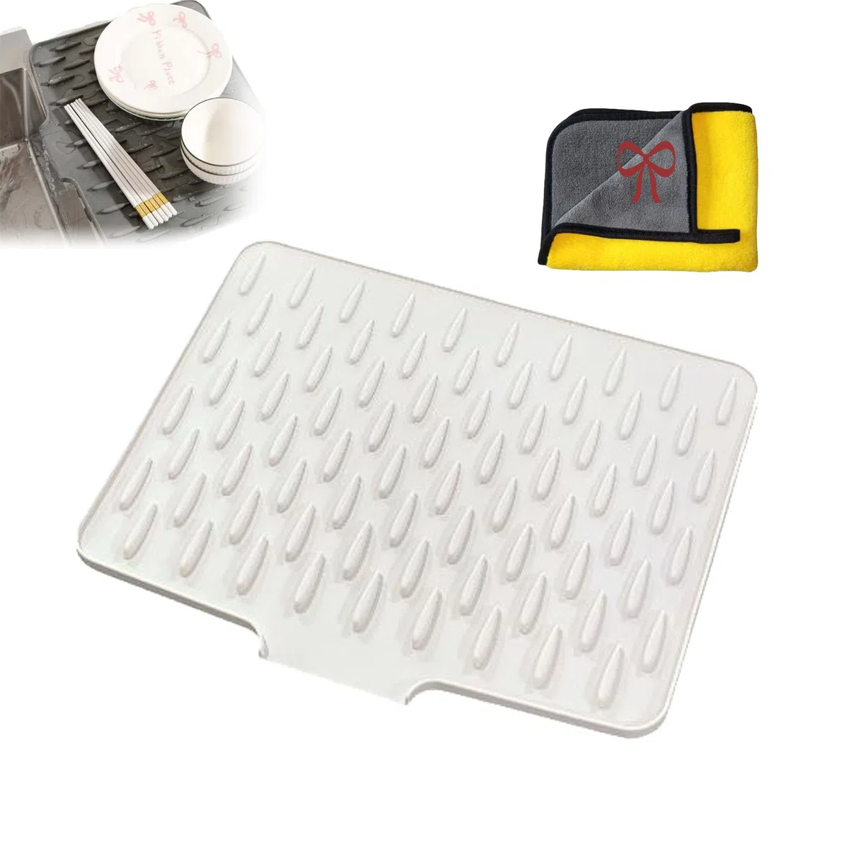 Silicone Dish Drying Mat, No-Spill Silicone Worktop Saver, for Kitchen Counter, Sink, Table, Refrigerator, Multifunctional Foldable Drainage Mat (White)