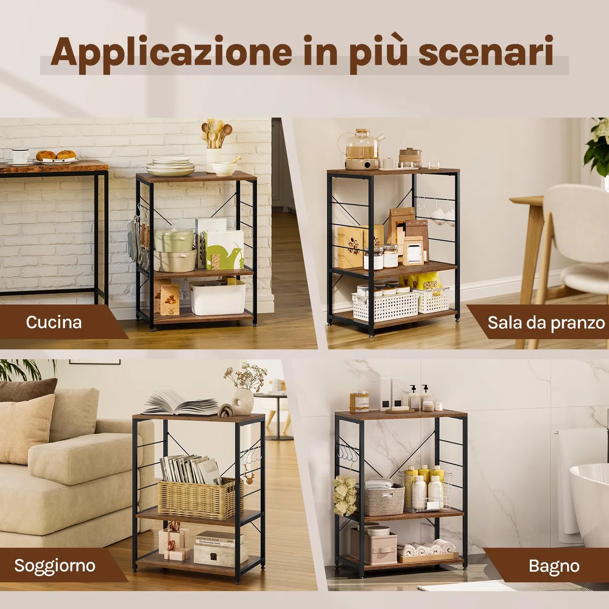 WOLTU Scaffale per Cucina Carrello per Microonde Forno a 3 Ripiani in Metallo e Legno Scaffalature Fioriera Multiuso, Effetto Legno Vintage