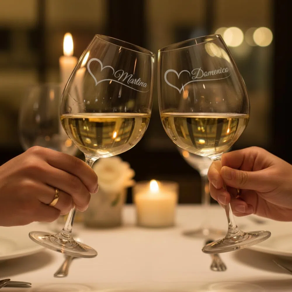 Calici da vino Personalizzati con Nomi – Set Coppia Lui & Lei – Idea Regalo San Valentino, Anniversario o Matrimonio – Bicchieri da Vino Incisi al Laser Made in Italy – Eleganti e Personalizzabili