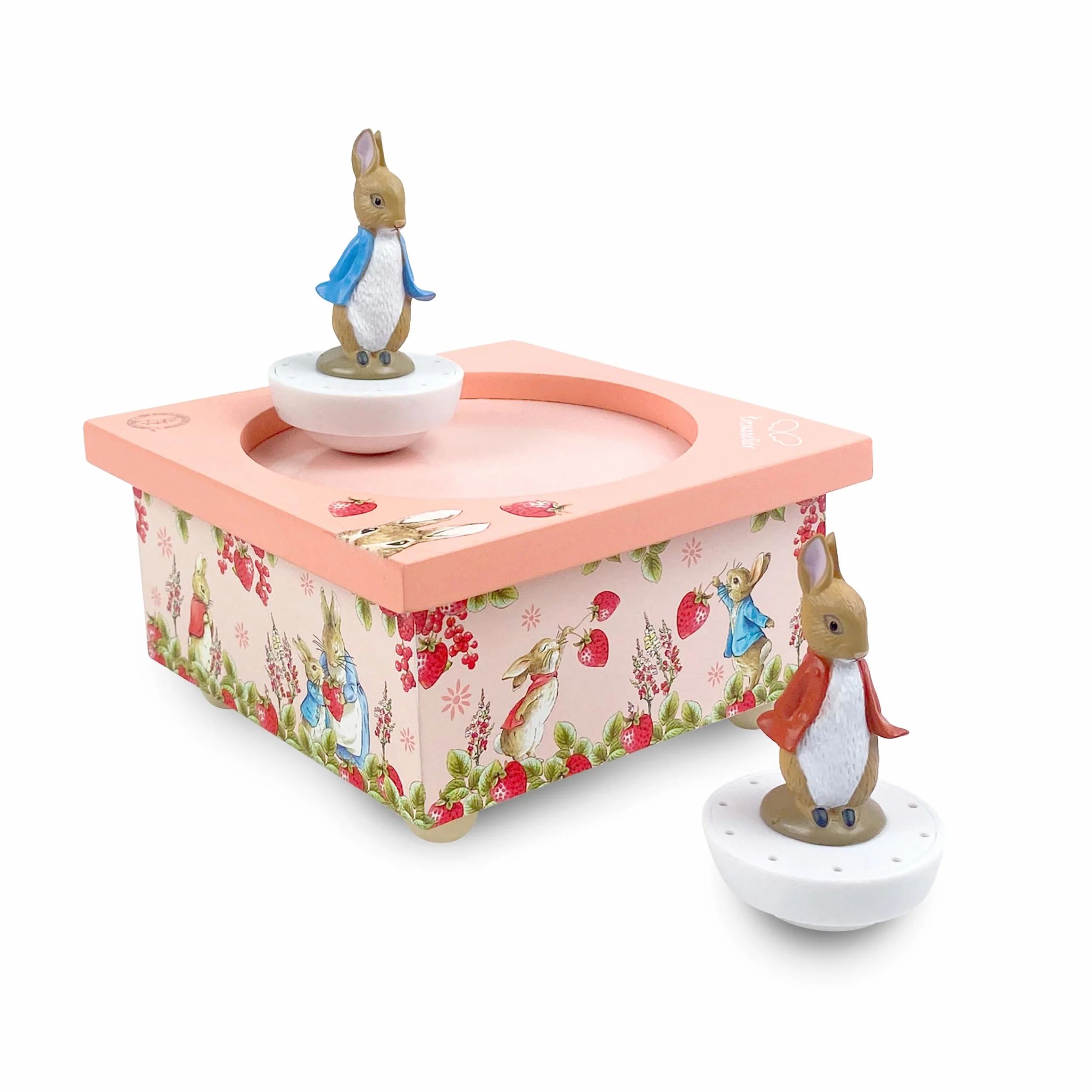 Trousselier - Pierre Coniglio Peter Rabbit Fragole - Carillon per bambini in legno - 2 figurine rimovibili - Regalo per nascita e battesimo - Musica Il Flauto Incantato Mozart