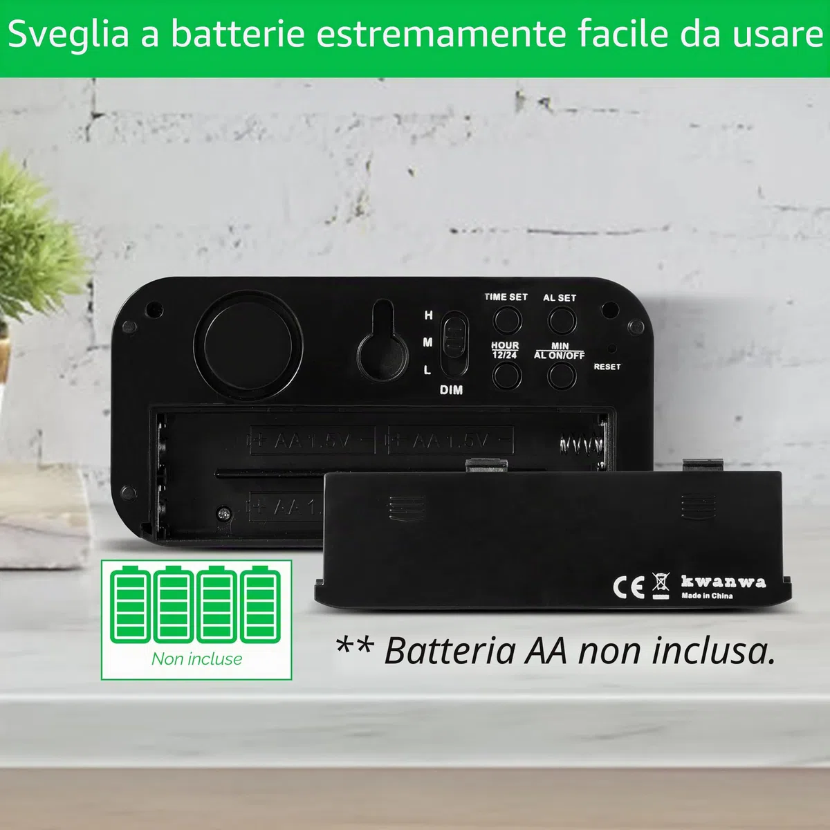 KWANWA Sveglia Digitale,Sveglia da Comodino,LED Sveglia con Grande 1.2 '' Time Display LED, Batteria AA Alimentato Solo, Funzione Snooze, Senza Ticchettare (Display verde)