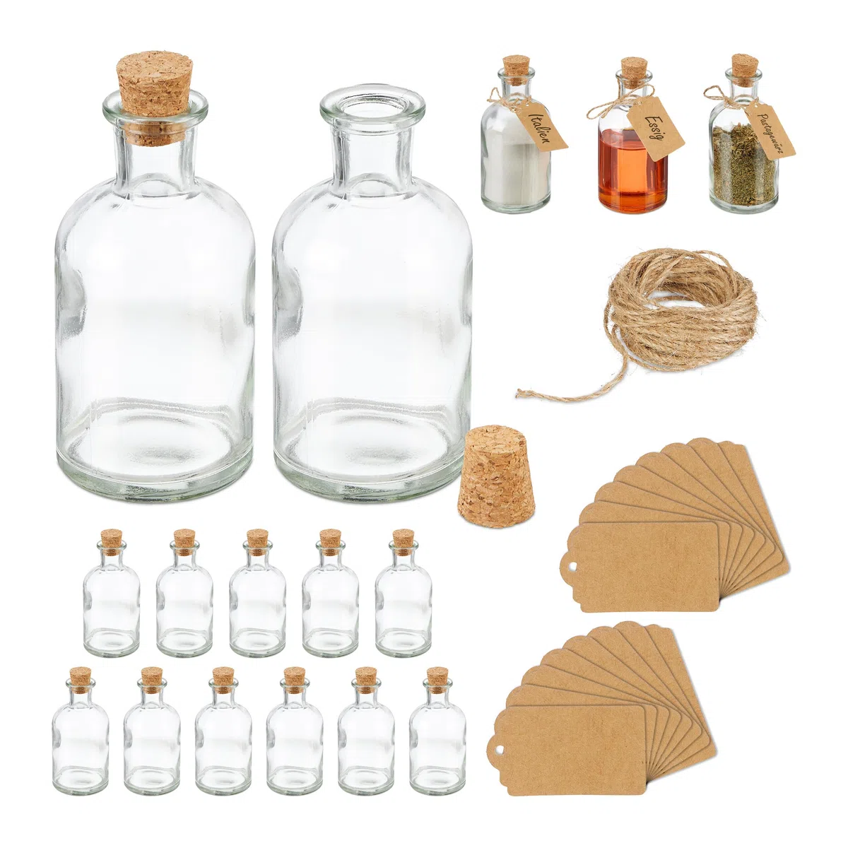 Relaxdays Set 16 Bottigliette in Vetro per Bomboniere, Bottiglie da 125 ml, Barattolini con Tappo, Trasparente Marrone