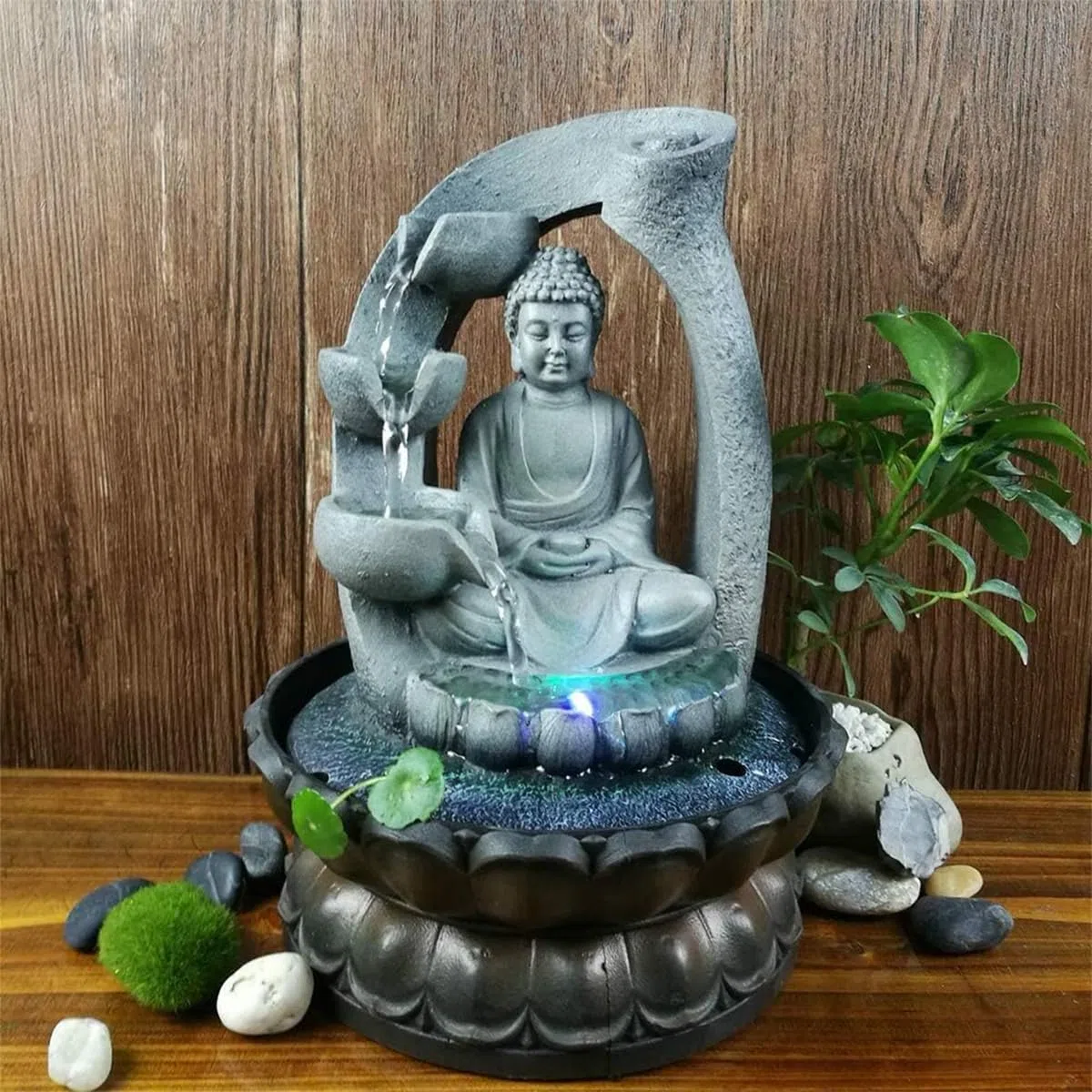 Fontana da tavolo a forma di fontana a forma di Buddha per meditazione rilassante, decorazione per interni, kit a cascata con flusso d'acqua circolare, per casa, ufficio, camera da letto