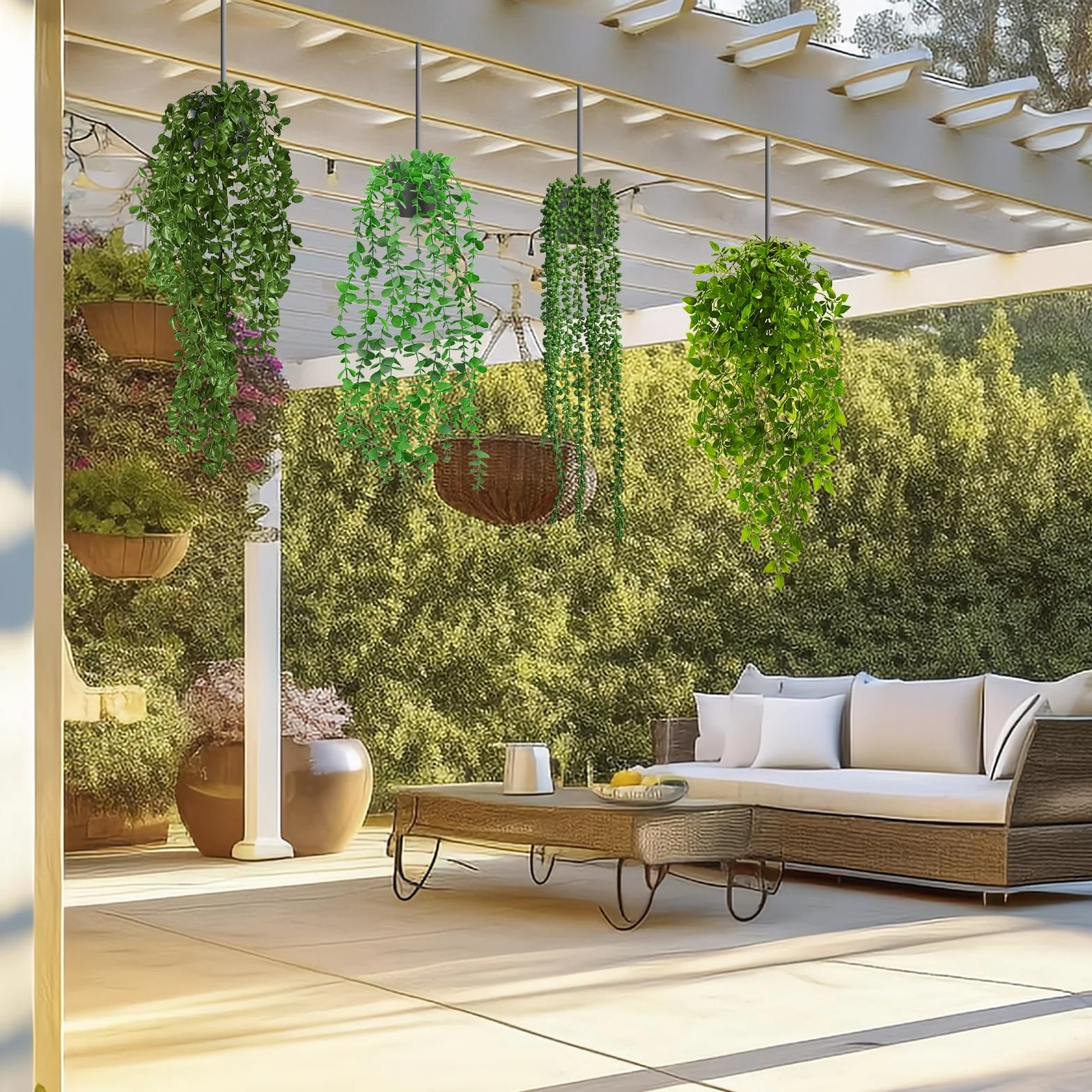Auauraintt 4 Pezzi Finte Cadenti, 55-80 cm Pianta, Pendenti Artificiali con Vaso, Plastica per Decorazione Matrimonio Giardino Casa Balconi