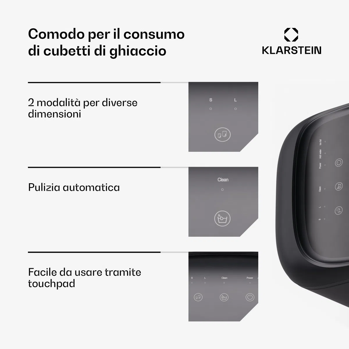 KLARSTEIN SparkIce - Macchina del Ghiaccio, 15 kg/24h, Cubetti in 6 Min, Touchpad, Pulizia Automatica, Cubetti in 2 Dimensioni, Macchina del Ghiaccio da Casa, Ice Maker con Paletta, Nero