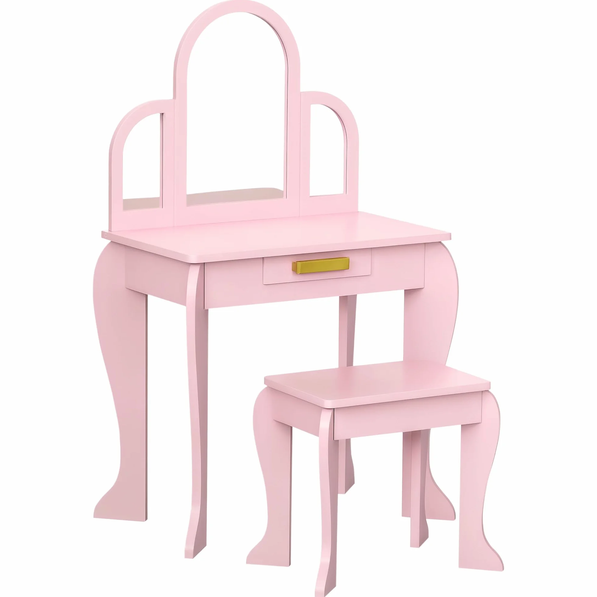 HOMCOM Tavolo per Trucco per Bambine 3-6 Anni con Sgabello, Cassetti e Specchio Coordinato in Acrilico, in MDF e Legno di Pino, Rosa