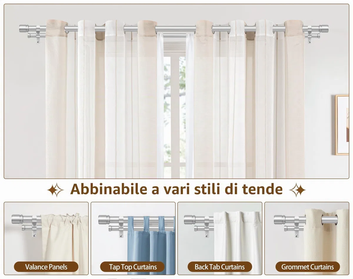 HOTOZON Argento Bastone da Tenda Doppio 190-355 cm, 25 mm Estensibile Bastone Tenda Doppio Montado en la Pared con Remates de Tapa Para Ventanas
