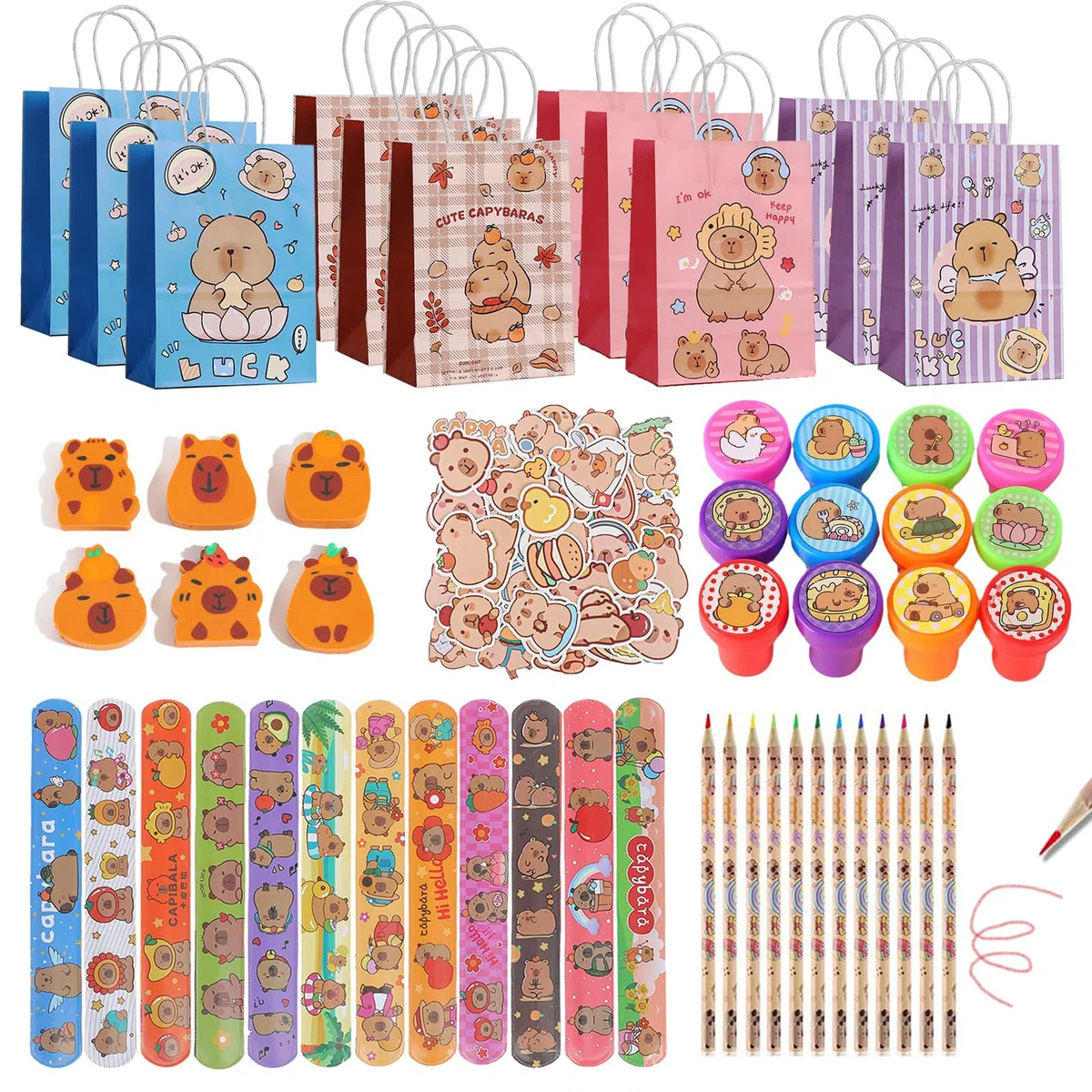 110PCS Regalo per Feste Capybara, Bambini Compleanno Party Regali, Capybara Party Favor Supplies, Include Sacchetti, Gomme Colorate, Slap Bracciali, Timbri Pratici