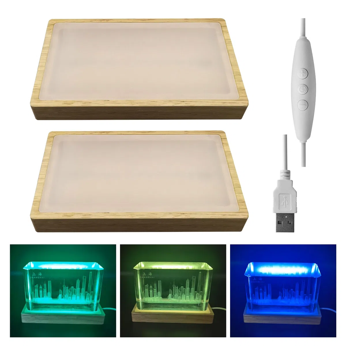 Base per display in cristallo regolabile in luminosità per vetro artistico, supporto in legno con luce notturna dimmerabile a 3 colori, base rettangolare a LED per luce artistica in cristallo 3D