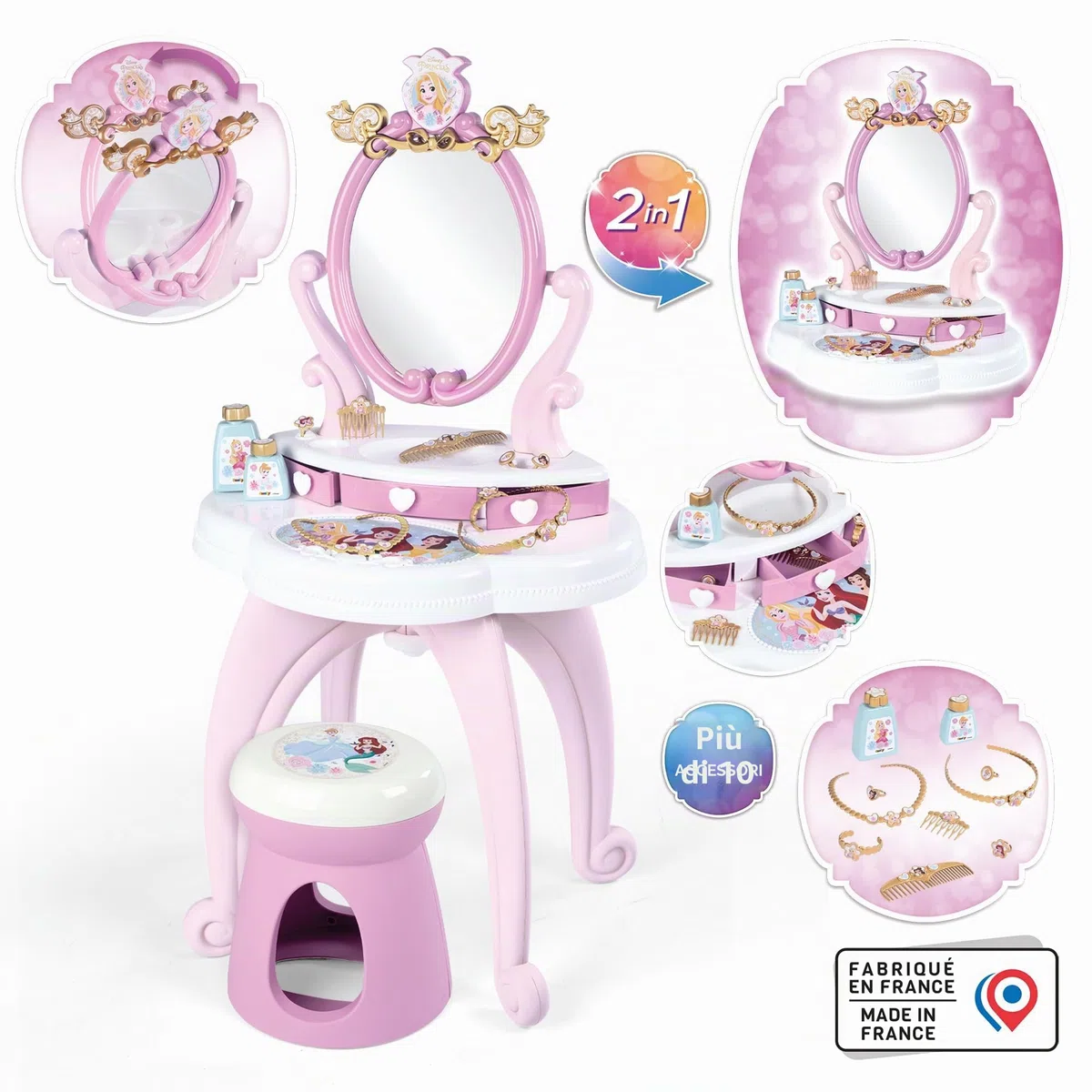 Smoby - Disney Princess specchiera 2 in 1, 7600320250, +3 anni, con sgabello, specchio girevole, da specchiera a tavolo, 10 accessori