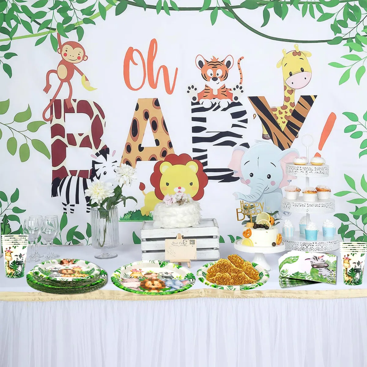Safari Jungle Birthday Tableware Set - Decorazioni per il primo compleanno degli animali selvatici - 40 piatti piani, 40 bicchieri, 40 tovaglioli