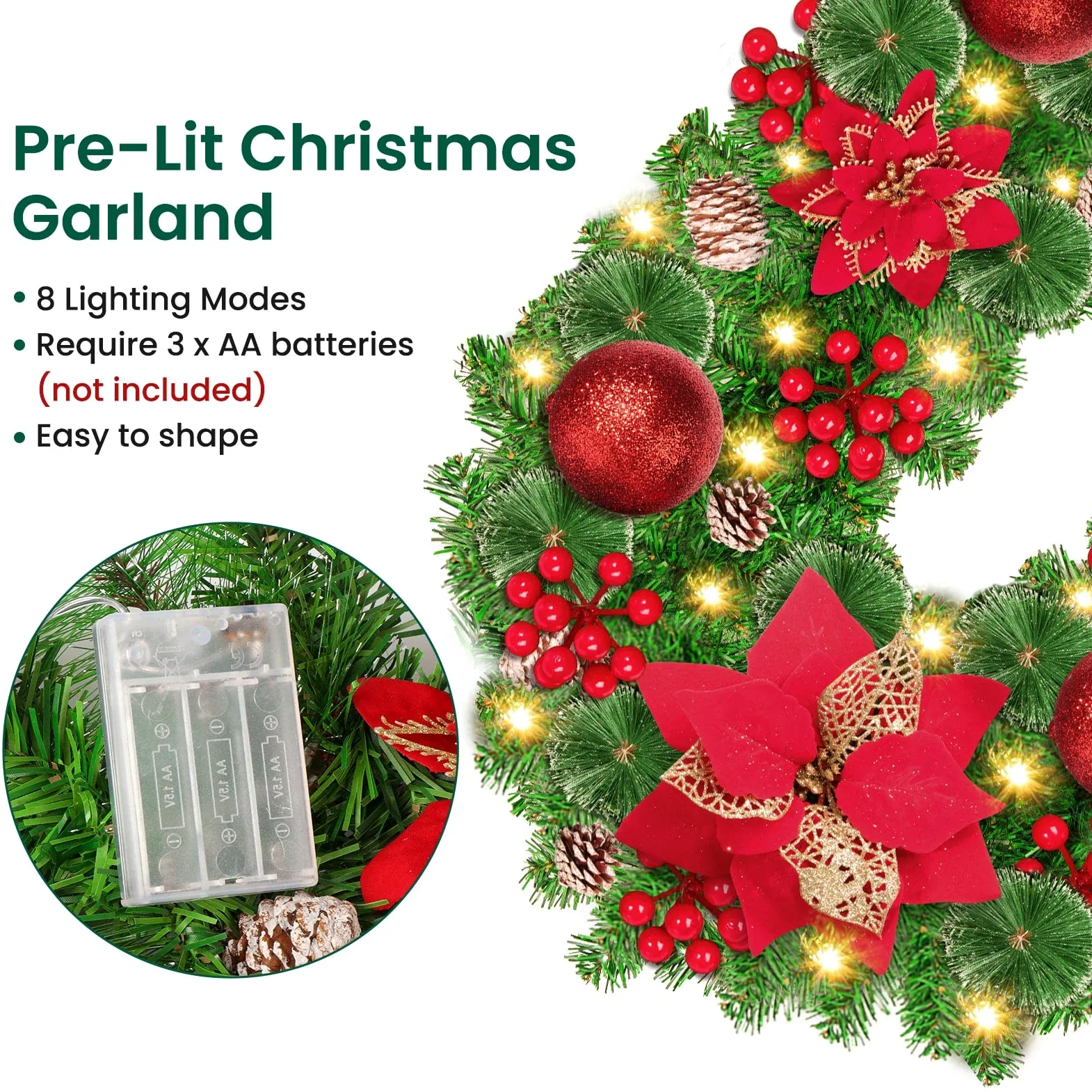 Ghirlanda Natalizia con Luci, 30Led 2.7M Ghirlanda Natalizia per Porta Camino Scale Esterno Decorazioni, Festone Natalizio Rami Natalizi Decorazioni Natalizie per la Casa Interno (Bianco Caldo)