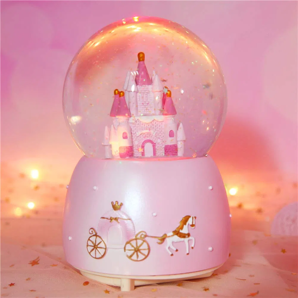 Palla di neve musicale con sfera di cristallo rotante, carillon automatico con nevicata e luci colorate, palla di neve, ornamento da scrivania, regalo di Natale, Capodanno, compleanno, per bambini