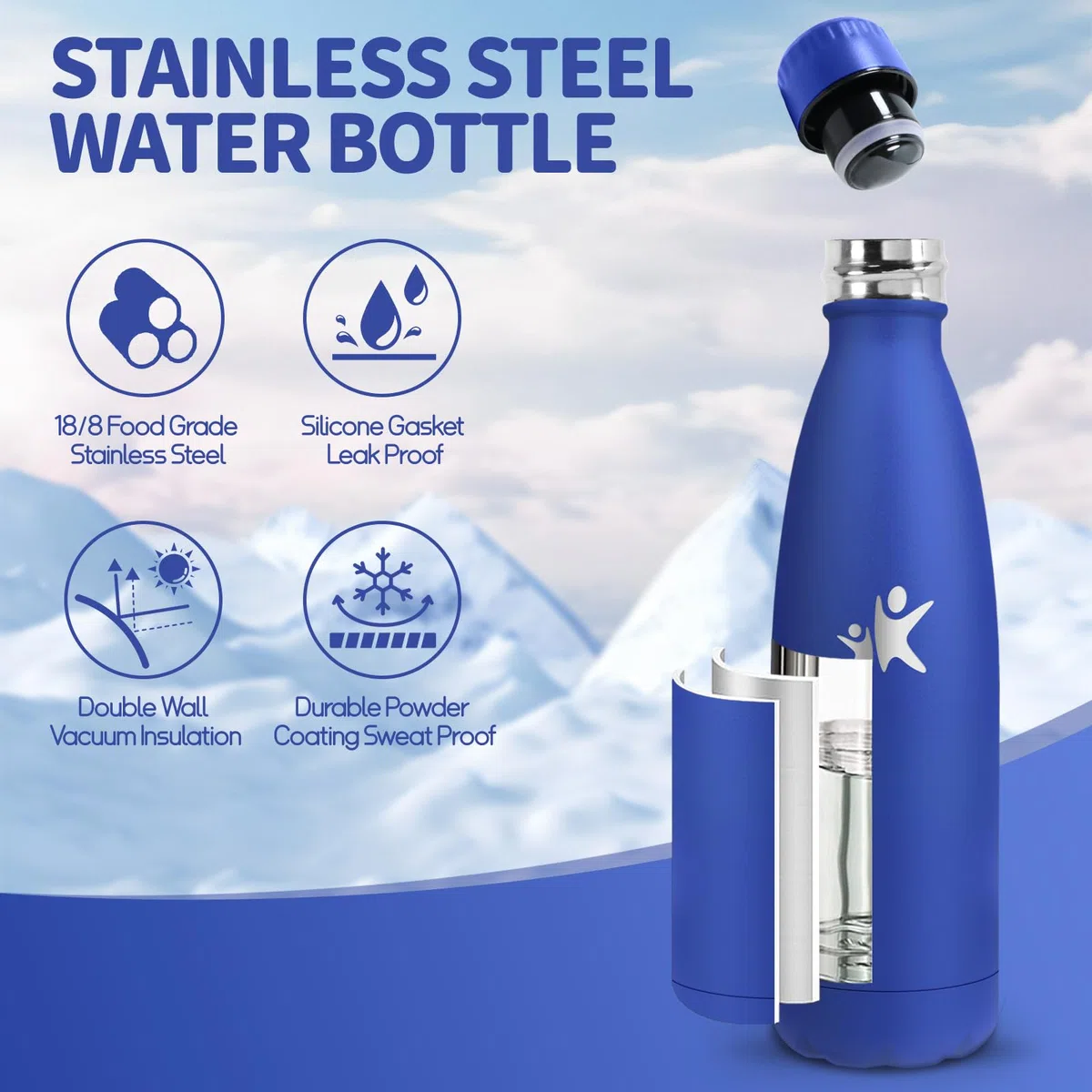 Borraccia Termica, 750 ml Senza BPA, Borraccia, 304 Acciaio Inossidabile, Bottiglia Termica, Isolamento Sottovuoto a Doppia Parete, Bottiglia Metallo per Cucina, Campeggio, Palestra - Blu reale