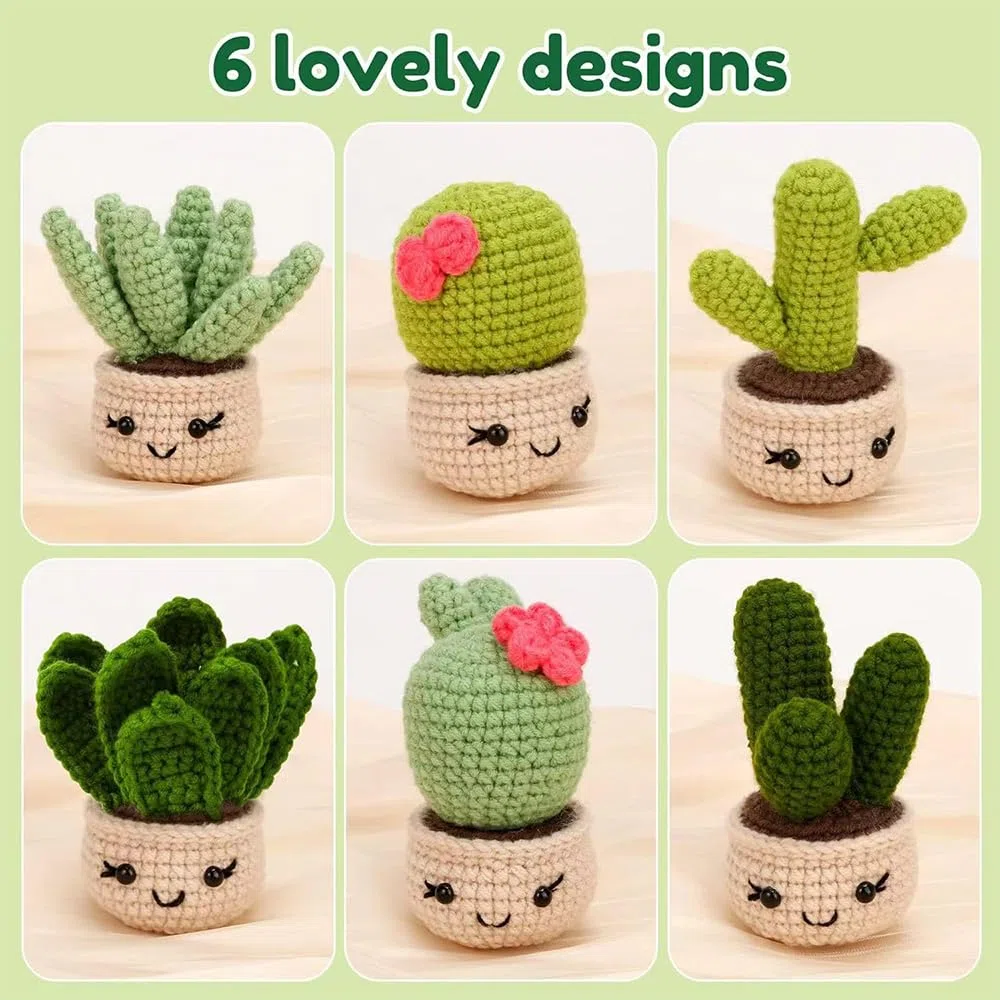 Mecmbj Kit Uncinetto Principianti, 6 Vasi per Piante di Cactus Crochet Kit, Set Uncinetto Principianti con Istruzioni Video Passo di Inglese, per Adulti e Bambini(Cactus in Vaso)