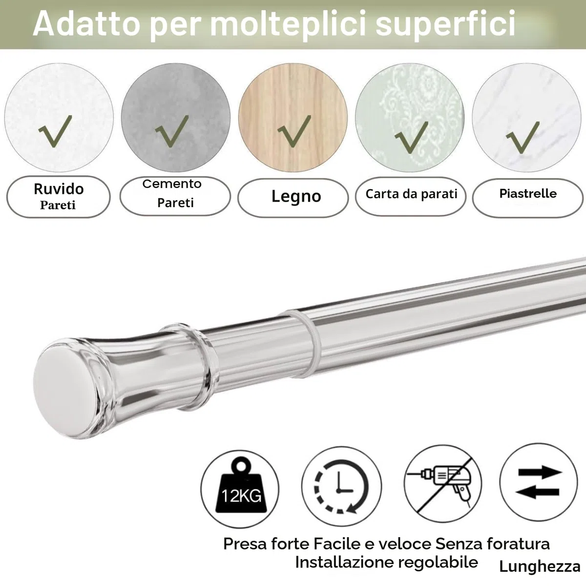 1 asta per tende estensibile senza fori per tende, cucina, armadio, non sono necessari attrezzi 69-90 cm, color argento