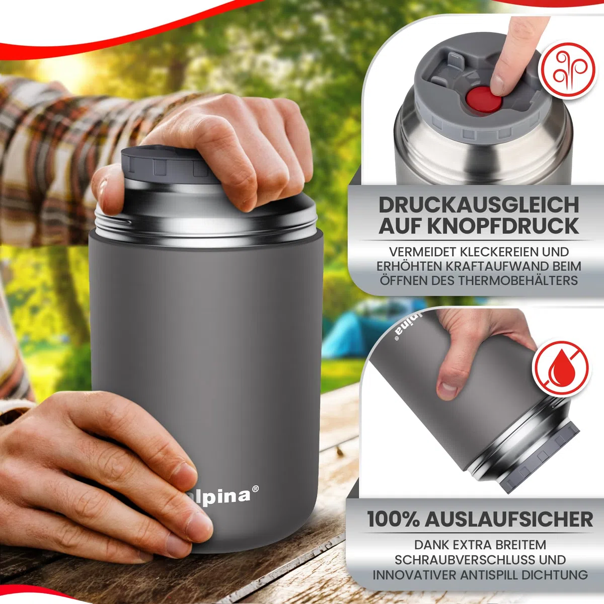 alpina contenitori ermetici per alimenti – tazza termica 730 ml lavabile in lavastoviglie con compensazione pressione - Cibi caldi e freddi a lungo I Borraccia termica in acciaio inox senza BPA